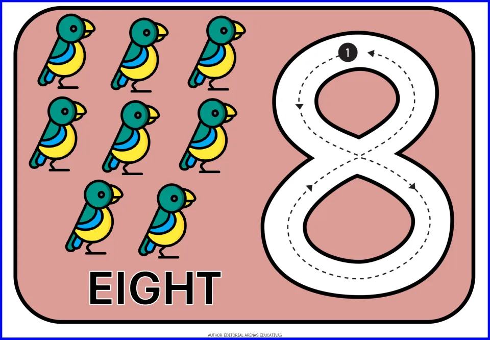 Number 8 card: eight green and yellow parrots with the word EIGHT and a numeral 8 to trace in one looping stroke