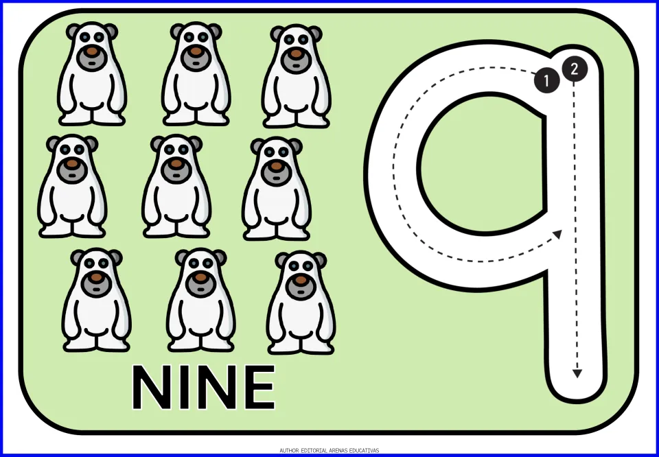 Number 9 card: nine white bear figures with the word NINE and a numeral 9 to trace, circle first, then the downstroke
