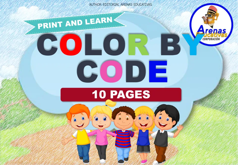 Color-by-code resource cover labeled 'Print and Learn' and '10 Pages' by Editorial Arenas Educativas