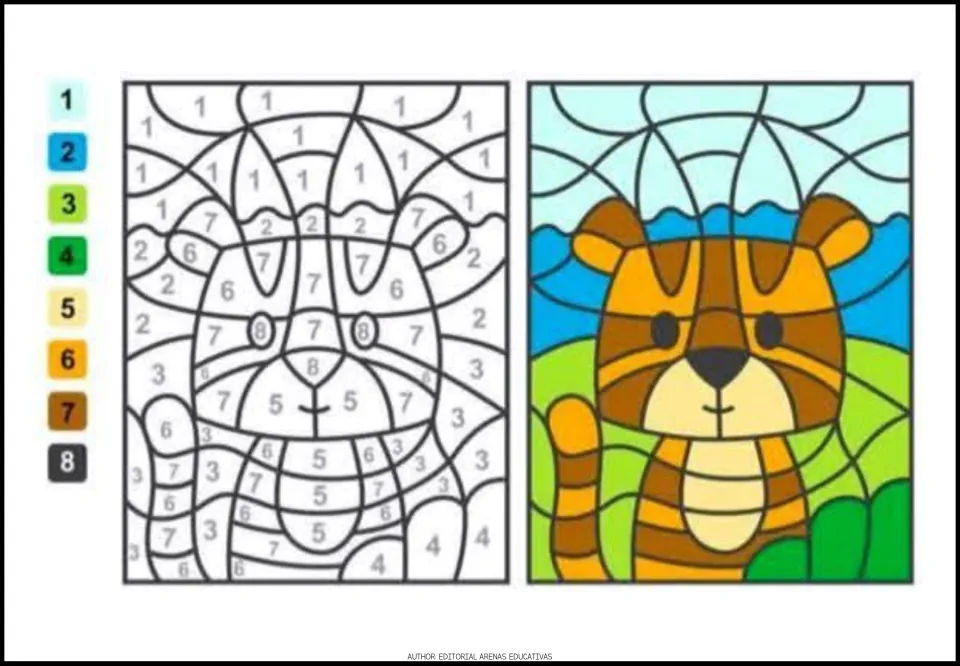 Tiger color-by-code activity using numbers 1–8, with a number-to-color key and a completed color example