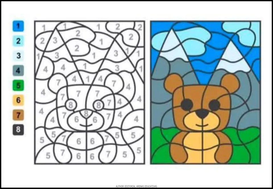 Bear color-by-code activity using numbers 1–8, with a number-to-color key and a completed color example