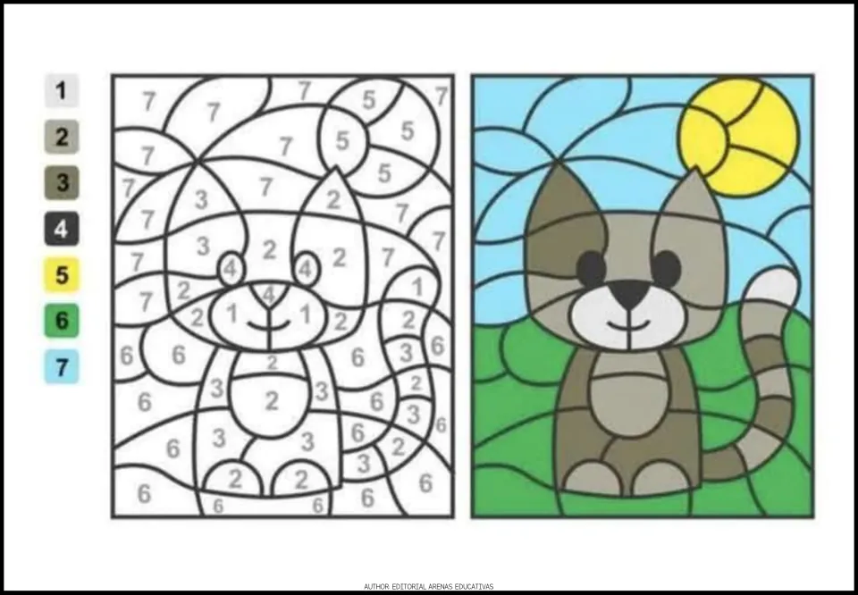 Cat color-by-code activity using numbers 1–7, with a number-to-color key and a completed color example