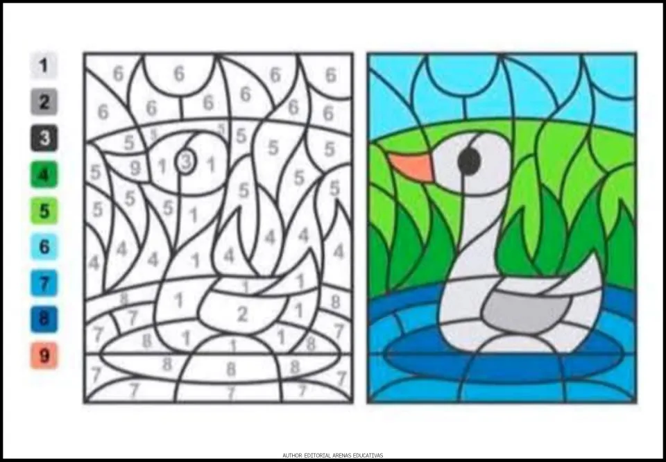 Duck color-by-code activity using numbers 1–9, with a number-to-color key and a completed color example
