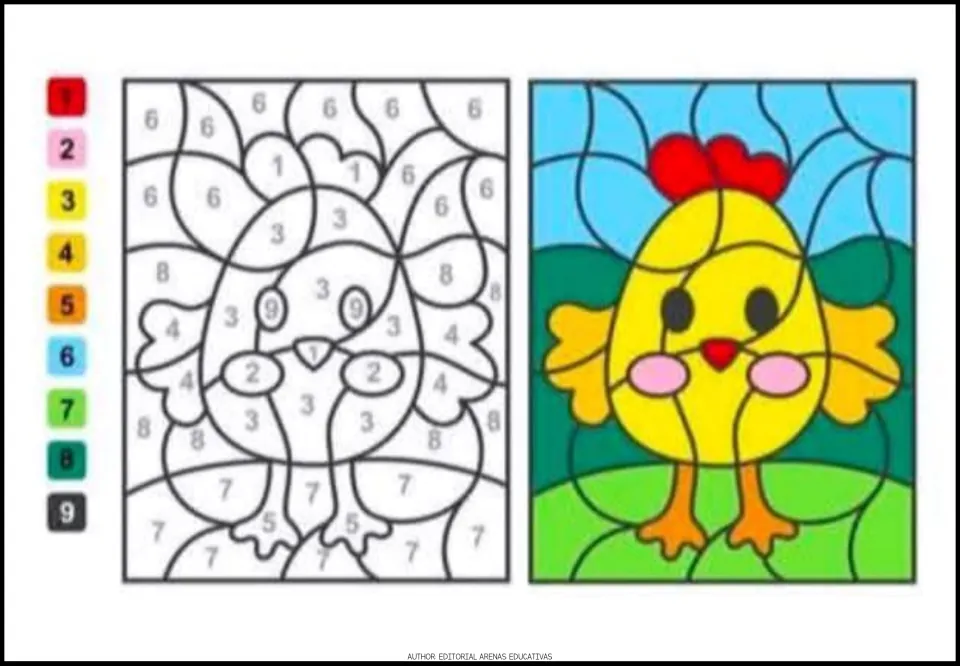 Chicken color-by-code activity using numbers 1–9, with a number-to-color key and a completed color example