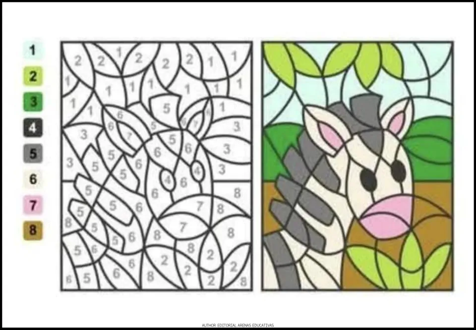 Zebra color-by-code activity using numbers 1–8, with a number-to-color key and a completed color example