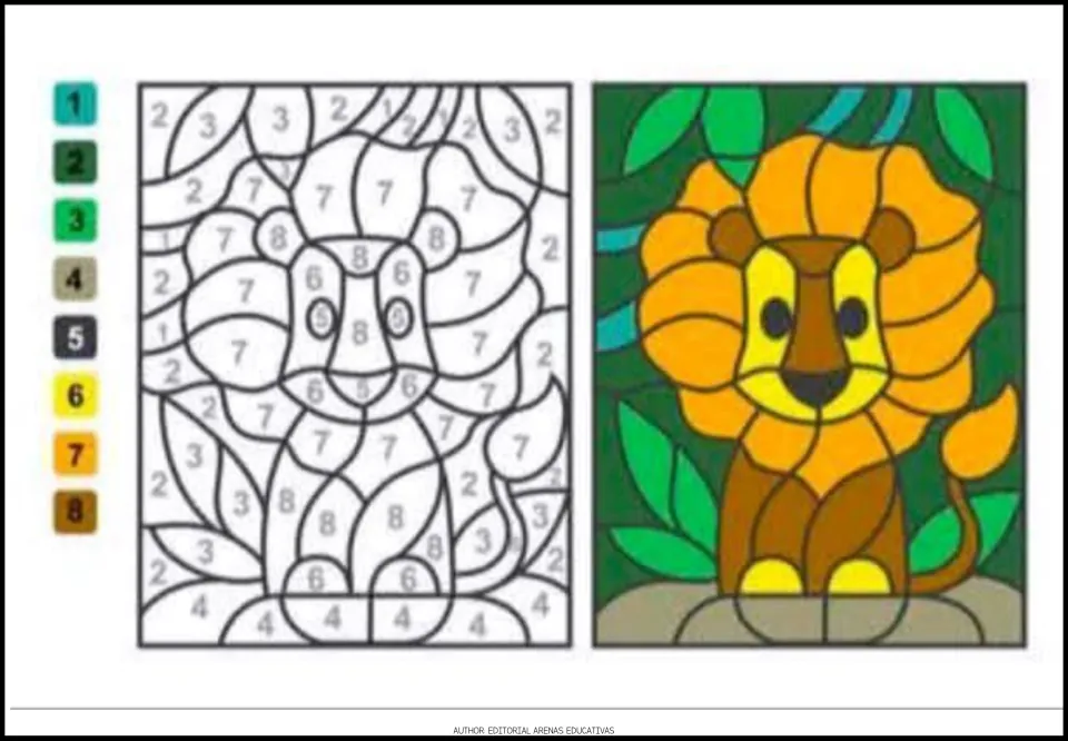 Lion color-by-code activity using numbers 1–8, with a number-to-color key and a completed color example