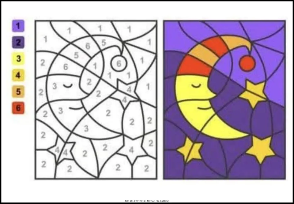 Moon and stars color-by-code activity using numbers 1–6, with a color key and a completed color example
