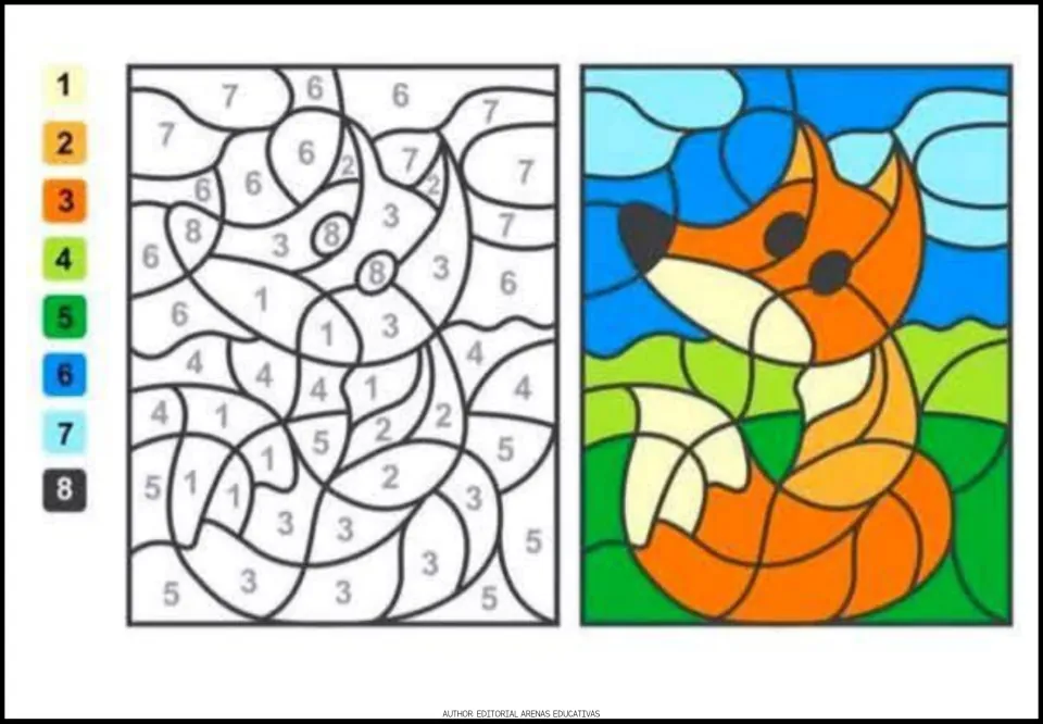 Fox color-by-code activity using numbers 1–8, with a number-to-color key and a completed color example