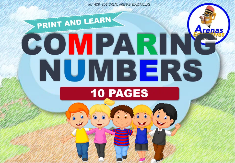 Cover of the comparing-numbers resource labeled 'Print and Learn' and '10 Pages' by Editorial Arenas Educativas