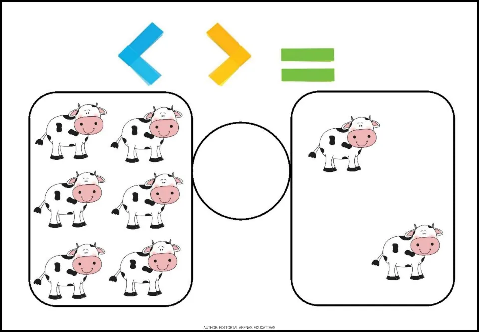 Comparison exercise 7: count six cows and two cows and choose a less-than, greater-than, or equal-to symbol