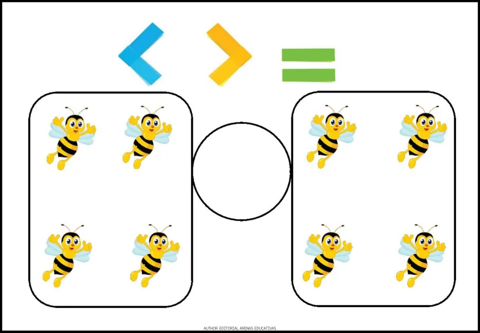 Comparison exercise 8: count four bees on each side and choose a less-than, greater-than, or equal-to symbol