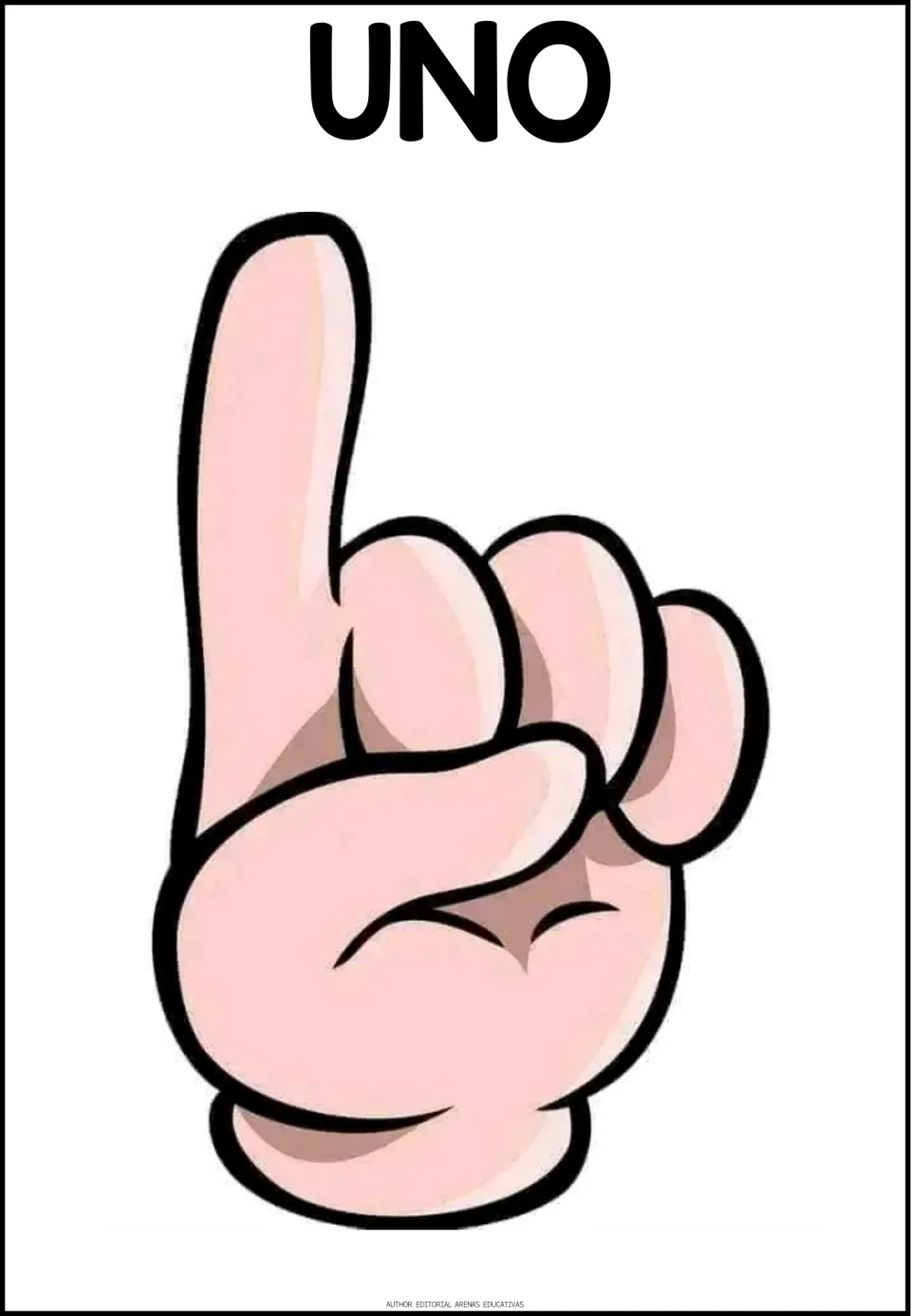 Spanish counting poster for UNO (one), showing a hand holding up one finger to represent the quantity