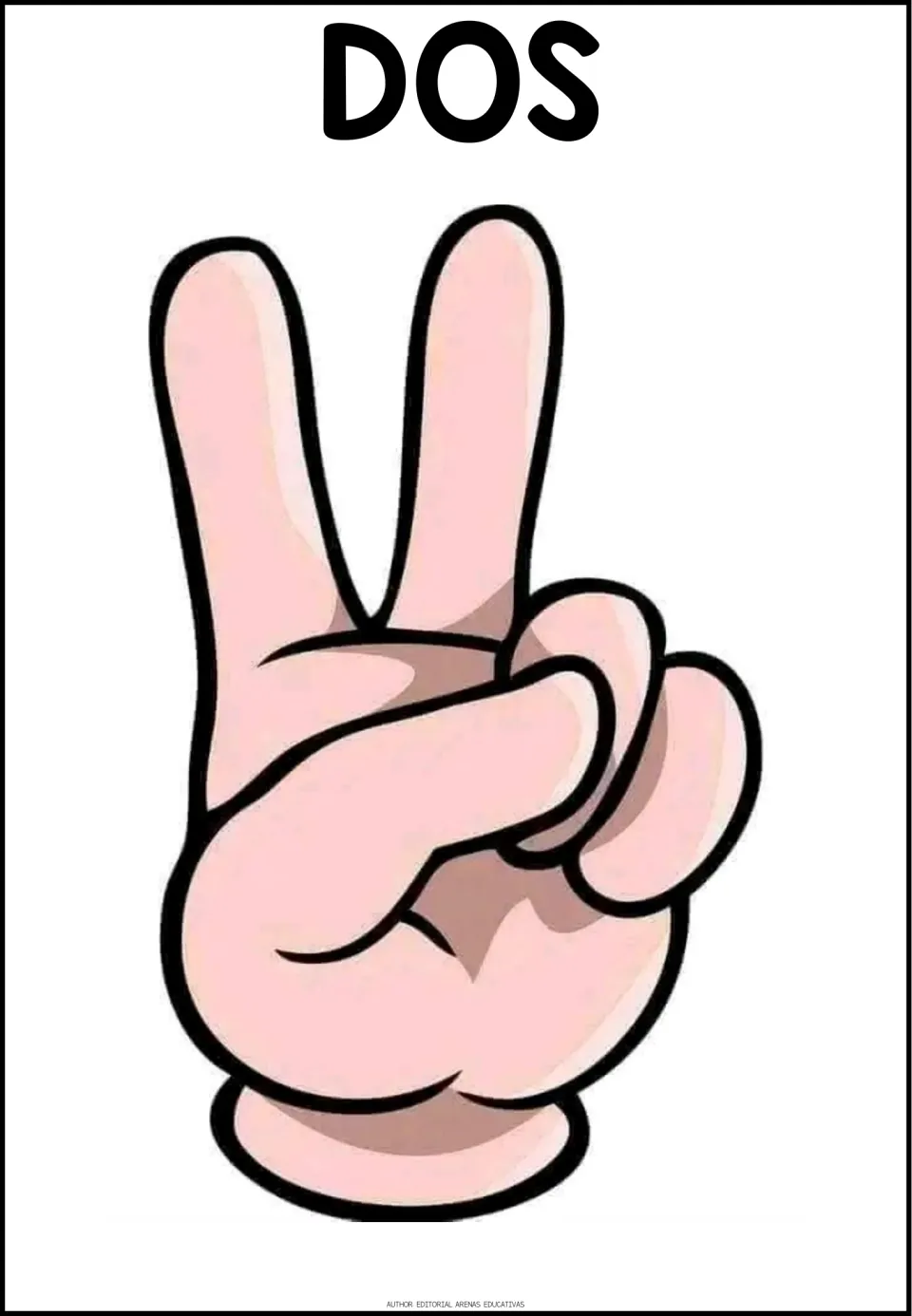 Spanish counting poster for DOS (two), showing a hand holding up two fingers to represent the quantity