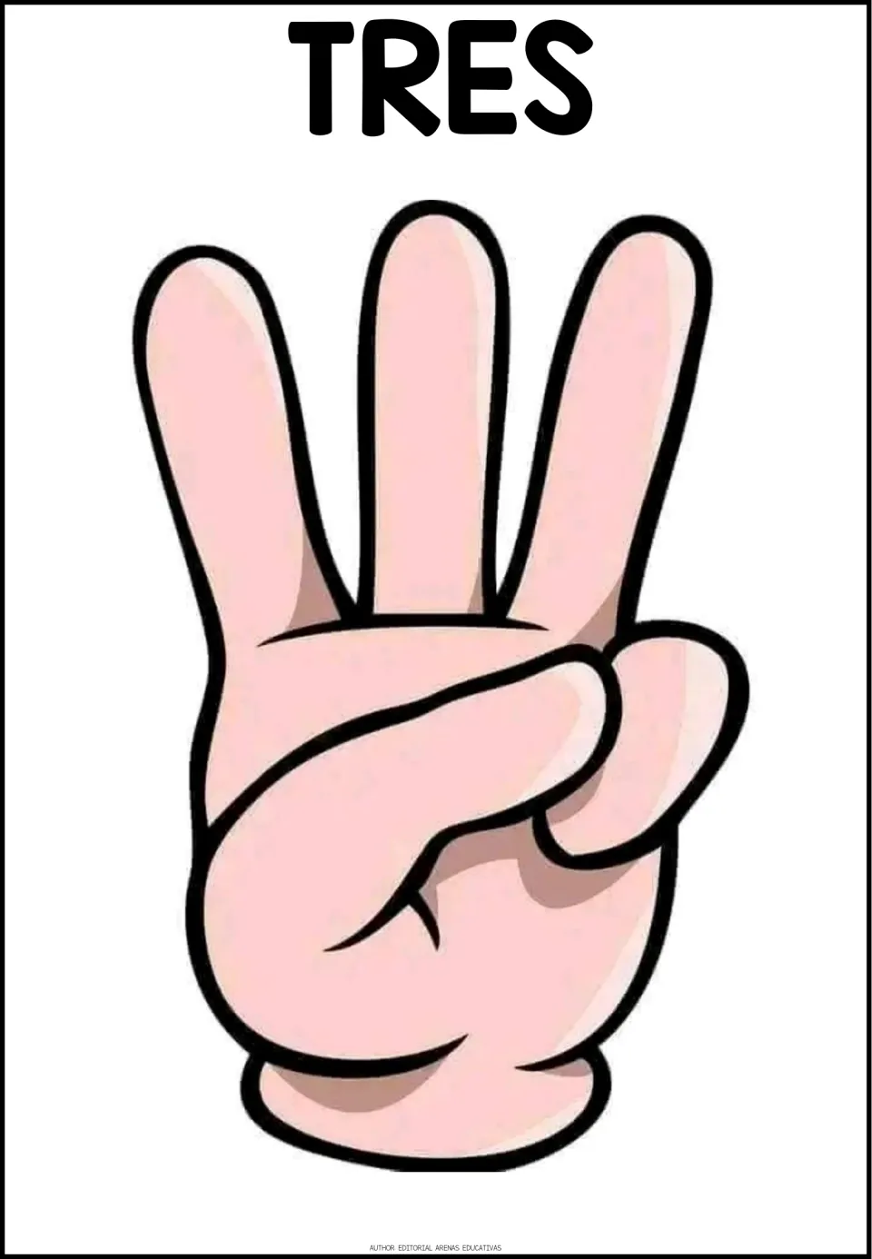 Spanish counting poster for TRES (three), showing a hand holding up three fingers to represent the quantity