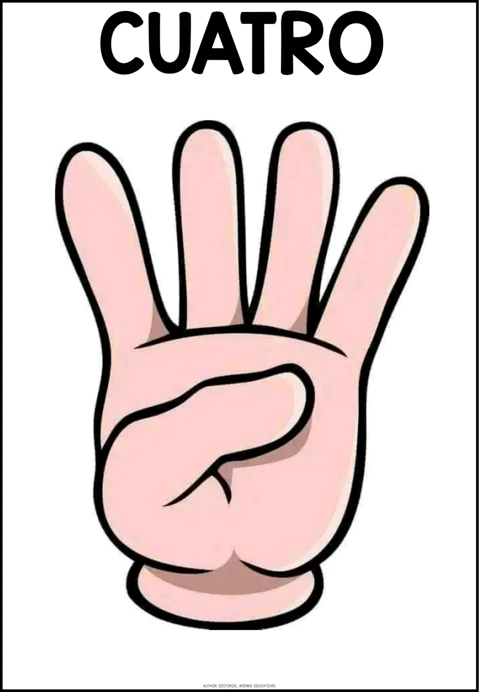 Spanish counting poster for CUATRO (four), showing a hand holding up four fingers to represent the quantity