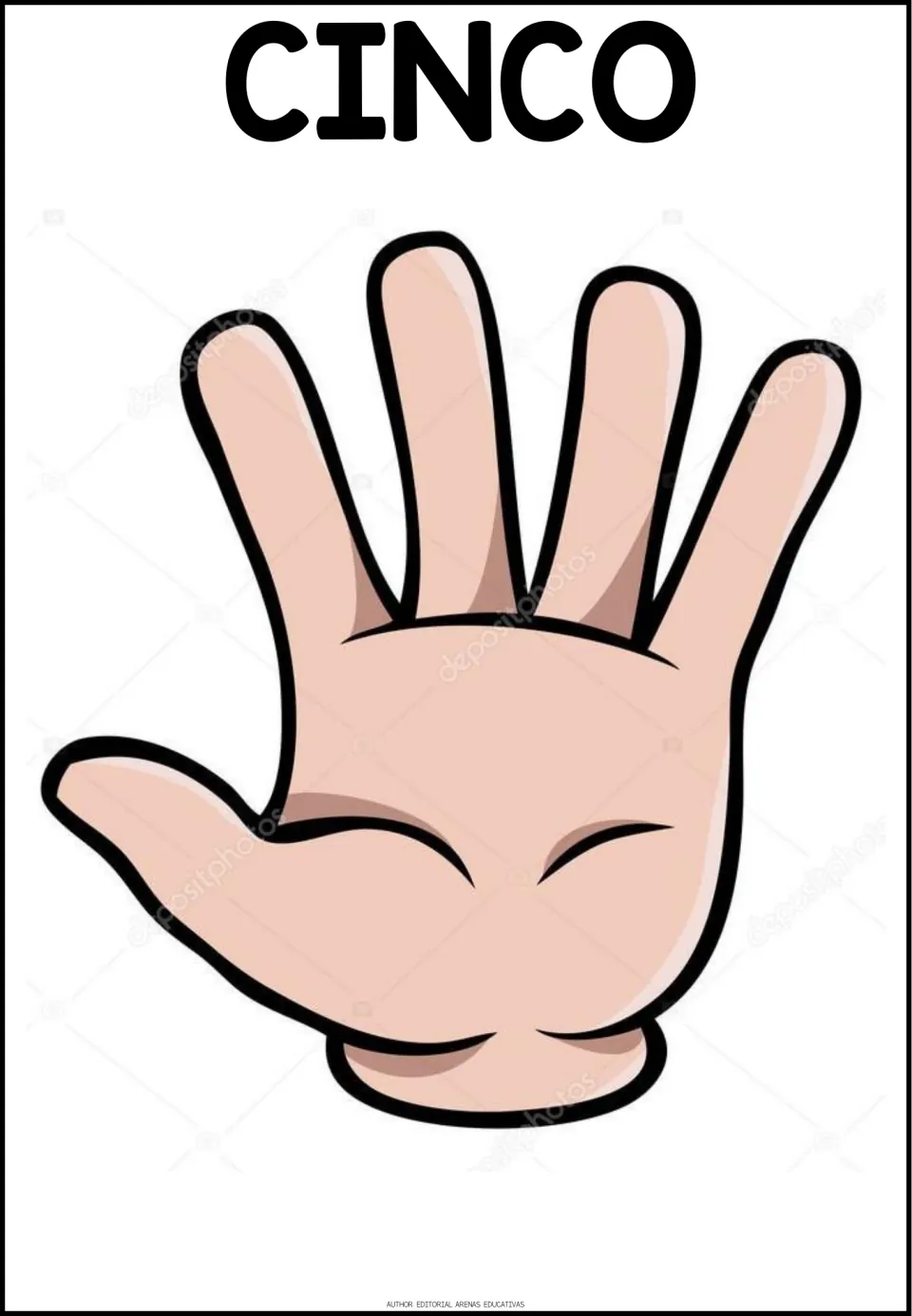 Spanish counting poster for CINCO (five), showing an open hand with all five fingers extended for counting