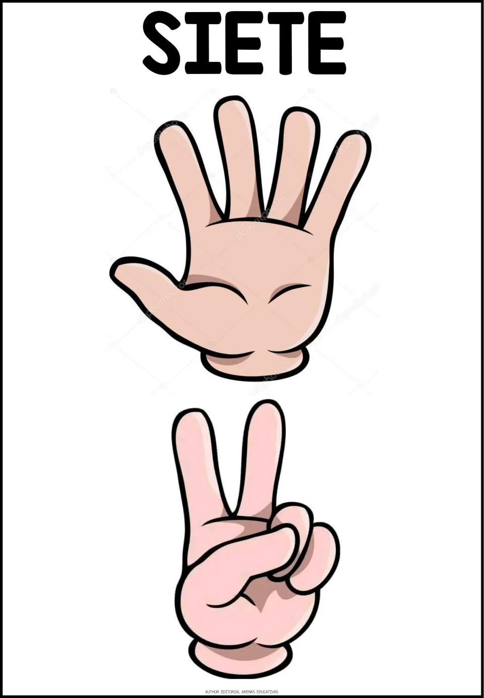 Spanish counting poster for SIETE (seven), showing five fingers on one hand and two on another to total seven