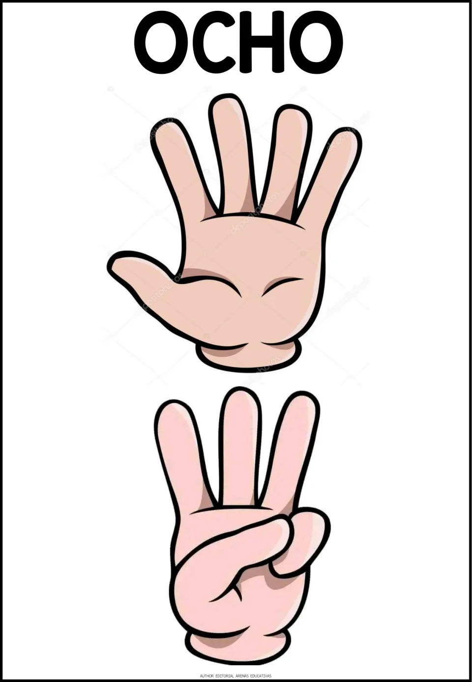 Spanish counting poster for OCHO (eight), showing five fingers on one hand and three on another to total eight