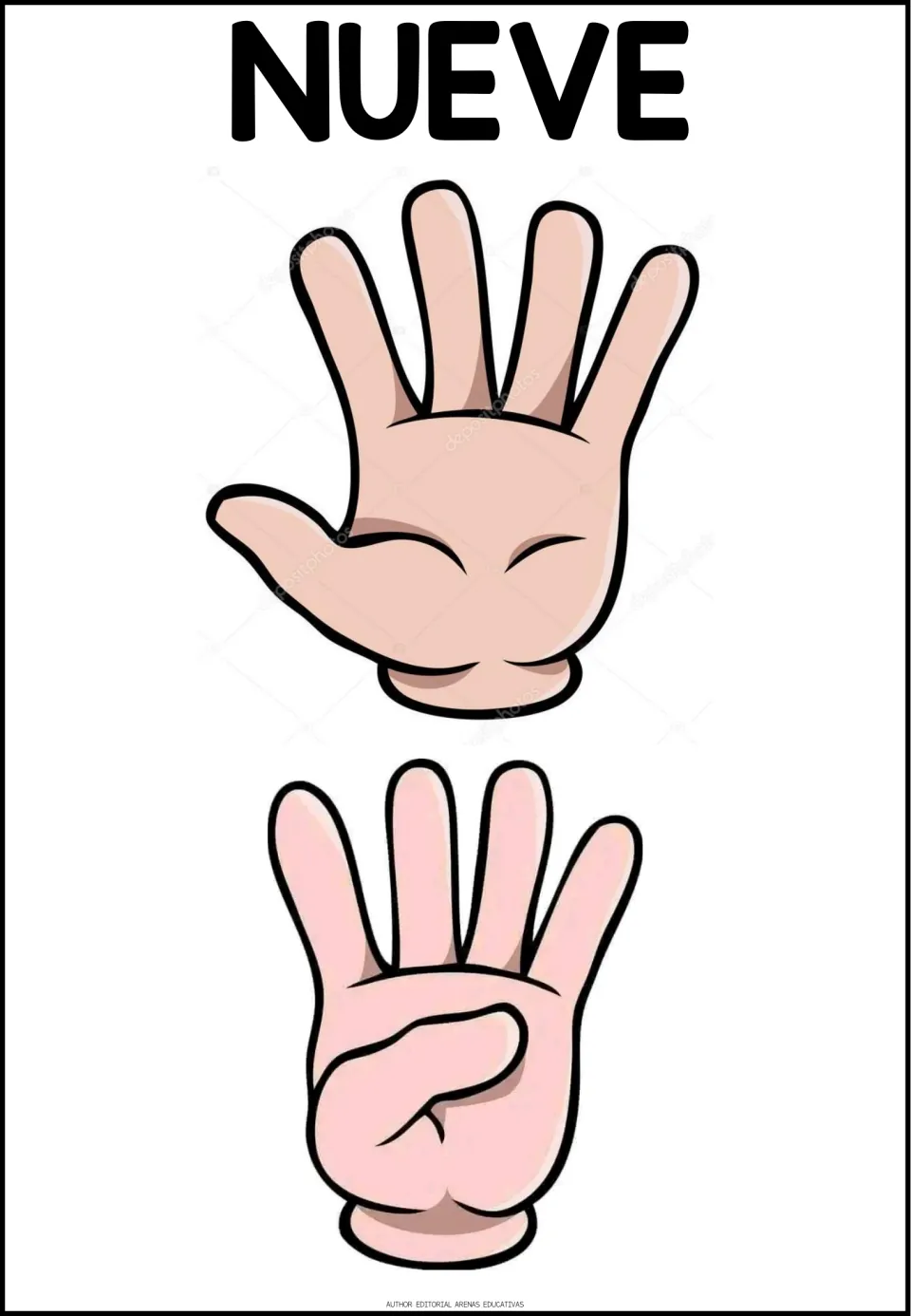 Spanish counting poster for NUEVE (nine), showing five fingers on one hand and four on another to total nine