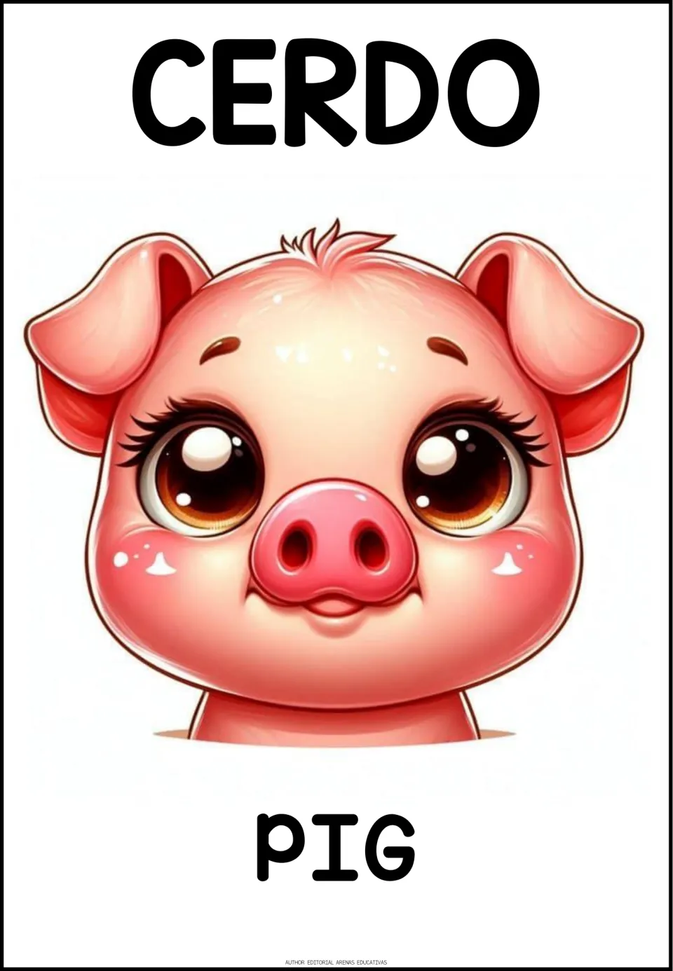 Spanish animal vocabulary poster: the word CERDO above a cartoon pig face, with the English word PIG below it