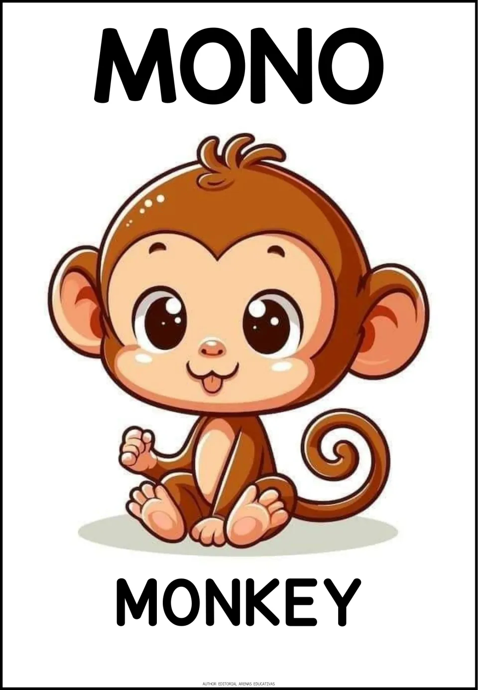 Spanish animal vocabulary poster: the word MONO above a seated cartoon monkey with a curled tail, and MONKEY below