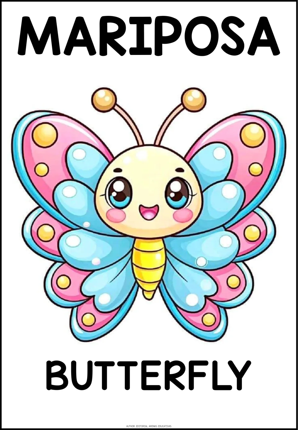 Spanish animal vocabulary poster: the word MARIPOSA above a pink and blue cartoon butterfly, with BUTTERFLY below it