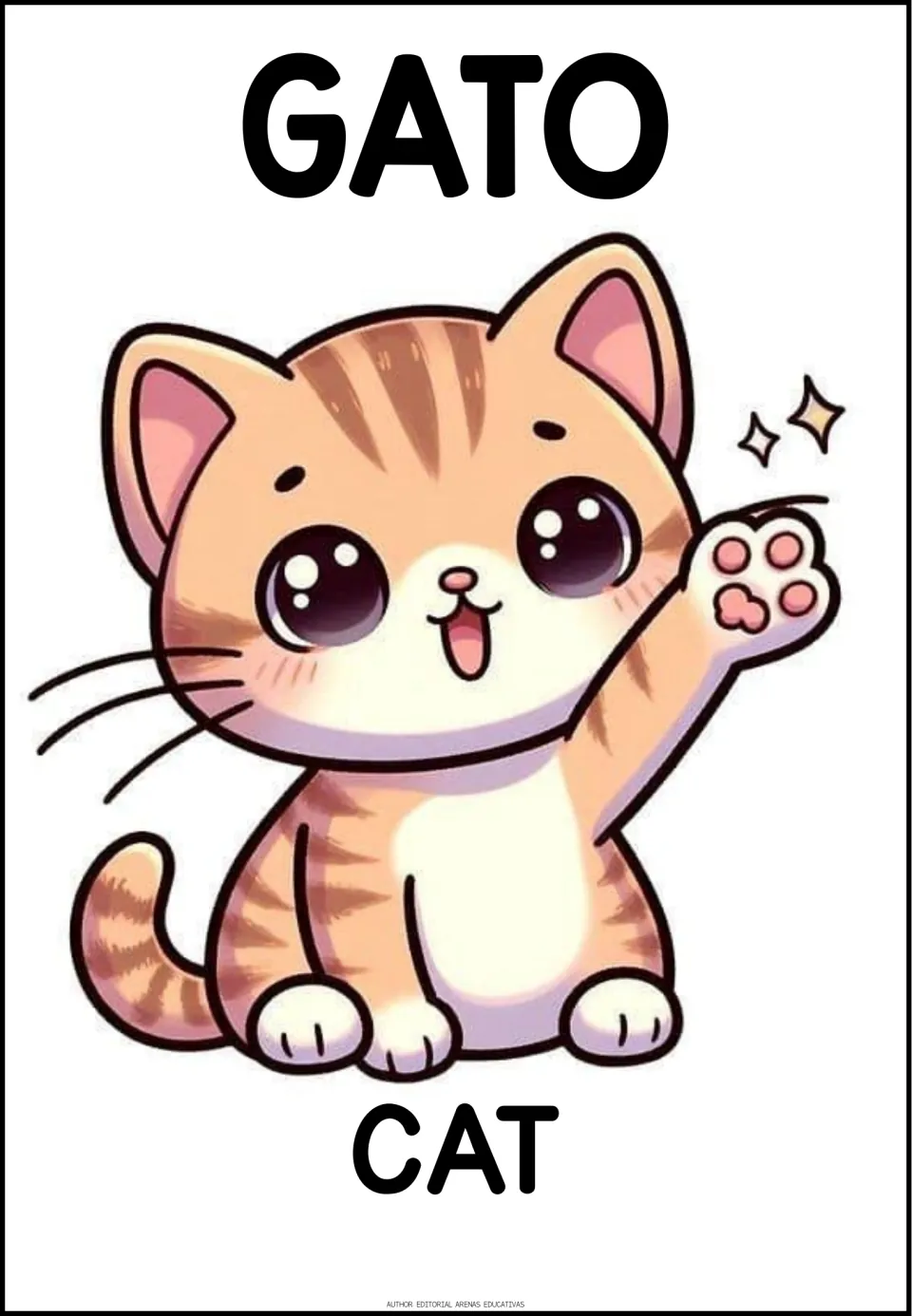 Spanish animal vocabulary poster: the word GATO above a cartoon tabby cat waving a paw, with the English word CAT below