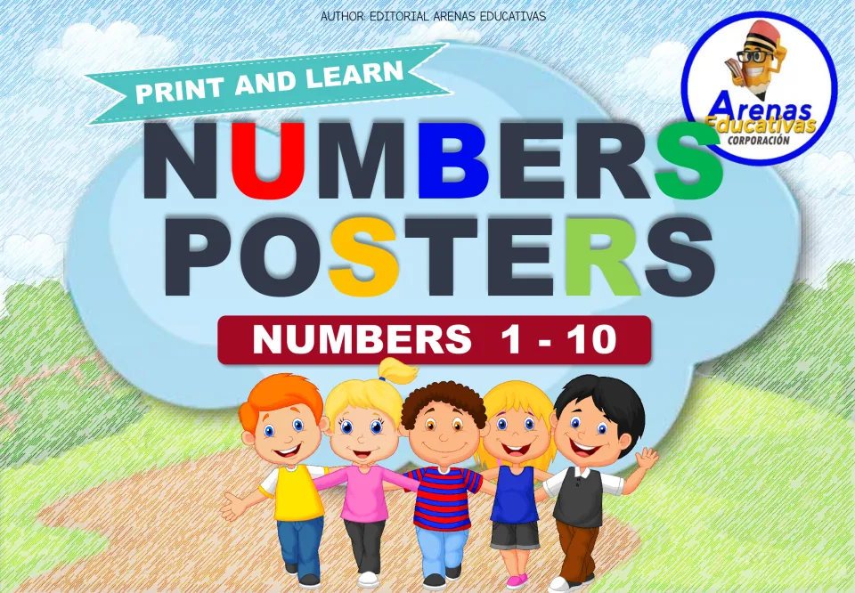 Numbers posters cover, Print and Learn, for numbers 1 to 10, showing five smiling cartoon children walking arm in arm
