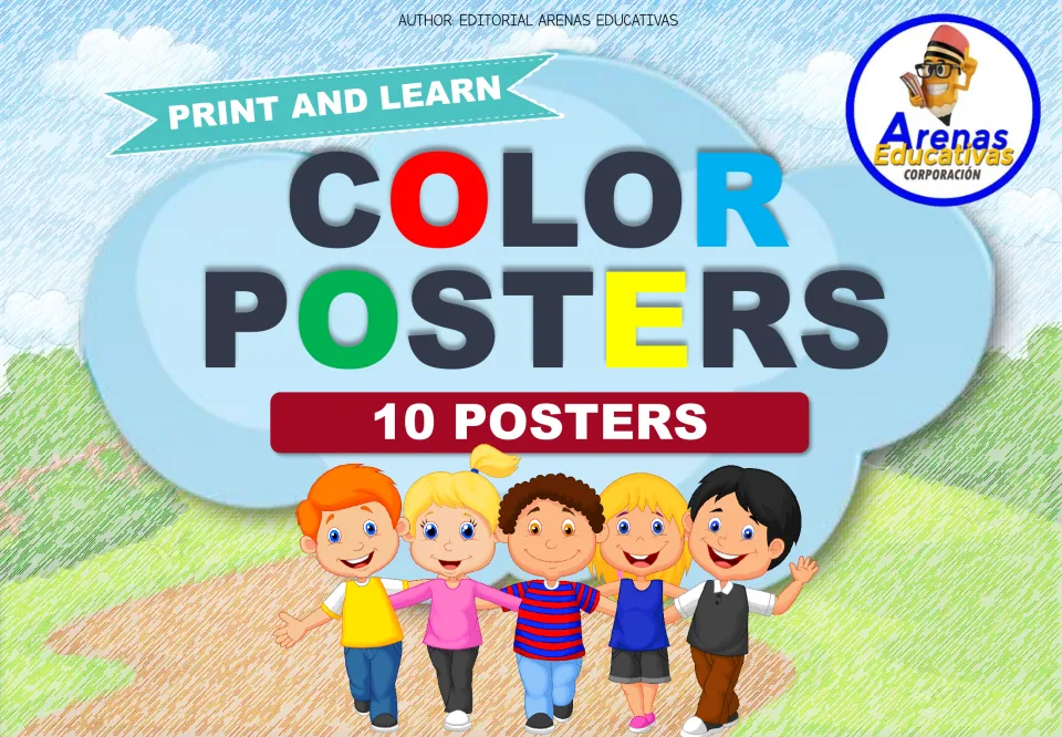 Color Posters cover: Print and Learn title with a 10 Posters banner and five cartoon children walking arm in arm