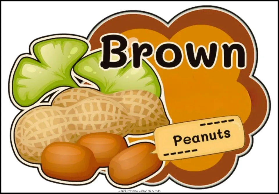 Brown color poster: the word Brown next to peanuts in their shells, with the label Peanuts to link the color to a food