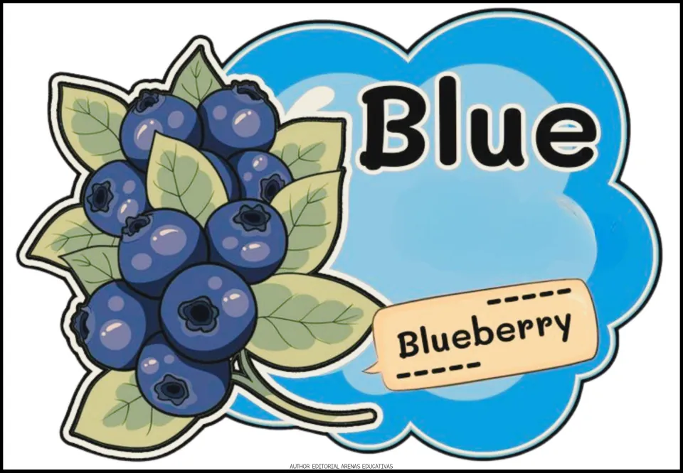 Blue color poster: the word Blue next to a bunch of blueberries with leaves, with the label Blueberry