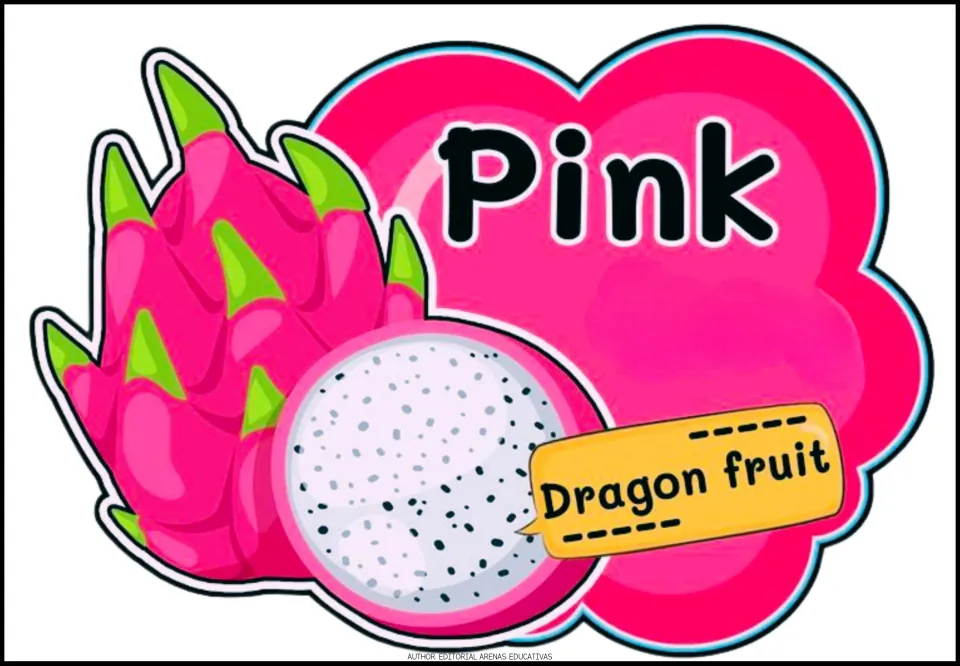 Pink color poster: the word Pink next to a whole dragon fruit and a halved one, with the label Dragon fruit