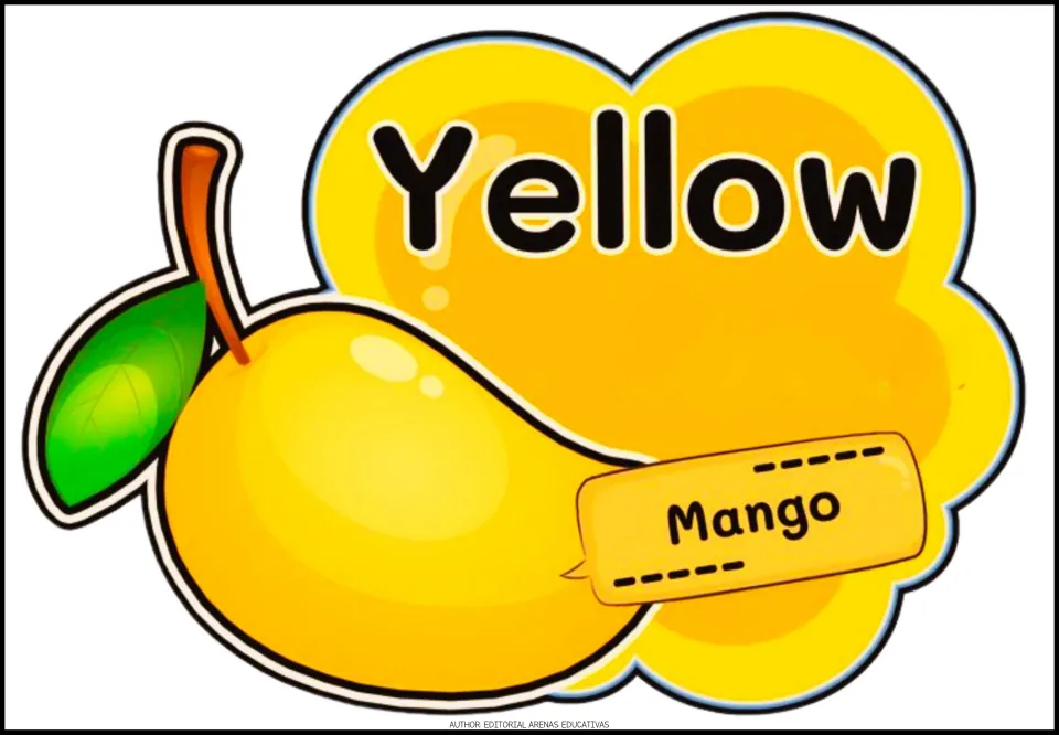 Yellow color poster: the word Yellow next to a ripe mango with a green leaf, with the label Mango