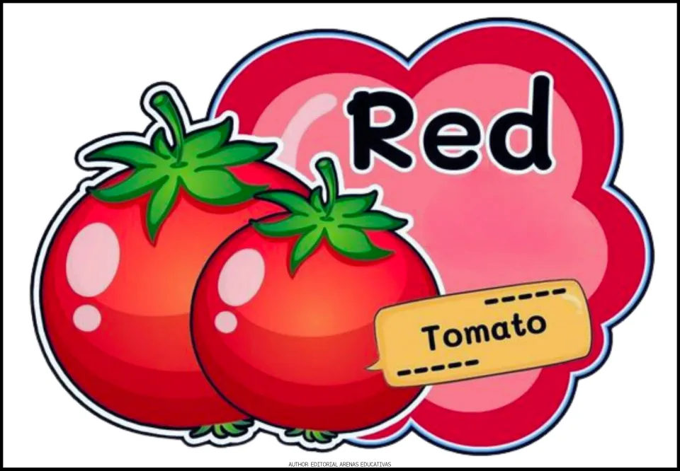 Red color poster: the word Red next to two shiny tomatoes with green stems, with the label Tomato