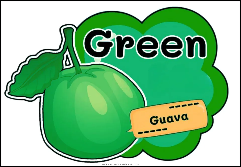 Green color poster: the word Green next to a whole guava with a leaf on its stem, with the label Guava