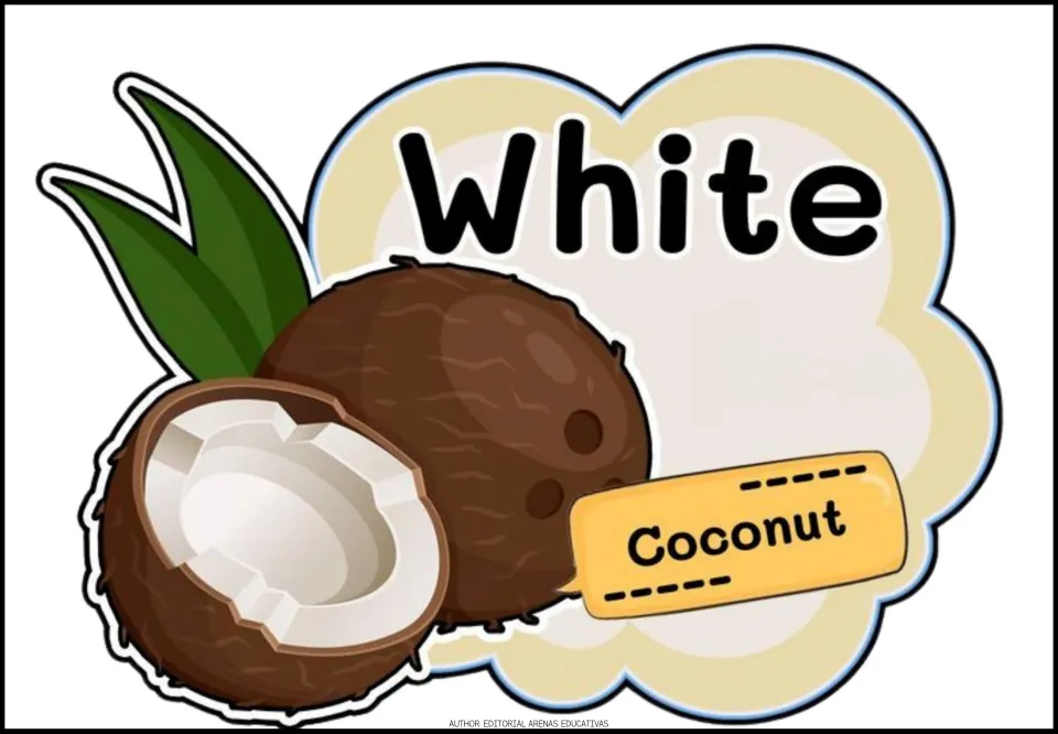 White color poster: the word White next to a whole coconut and a cracked-open half, with the label Coconut