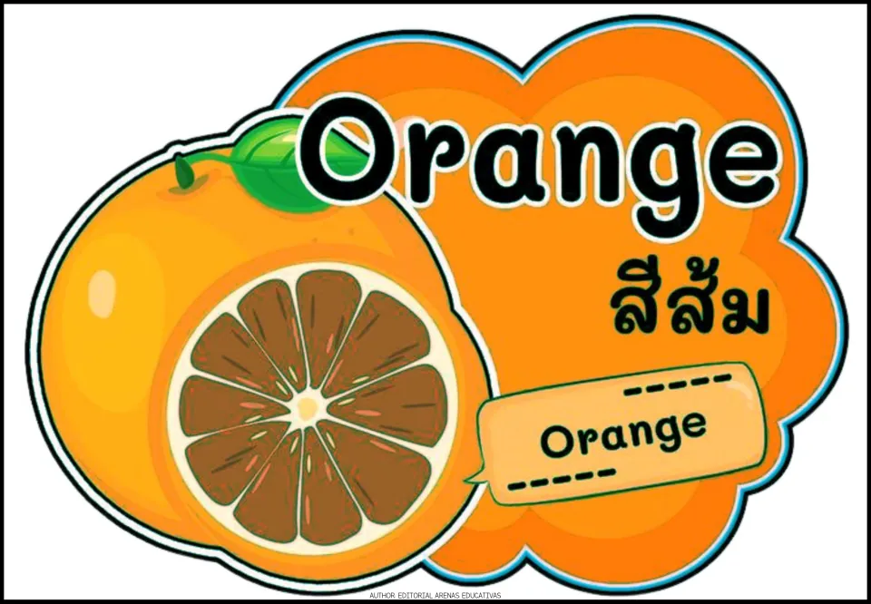 Orange poster: the color word shown with its Thai translation beside a whole citrus fruit and a cut half with the same name
