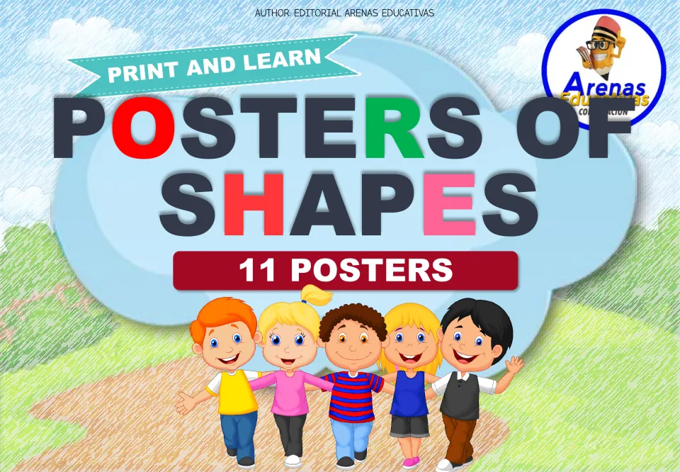 Cover: Print and Learn Posters of Shapes, a set of 11 by Editorial Arenas Educativas, showing five cartoon children