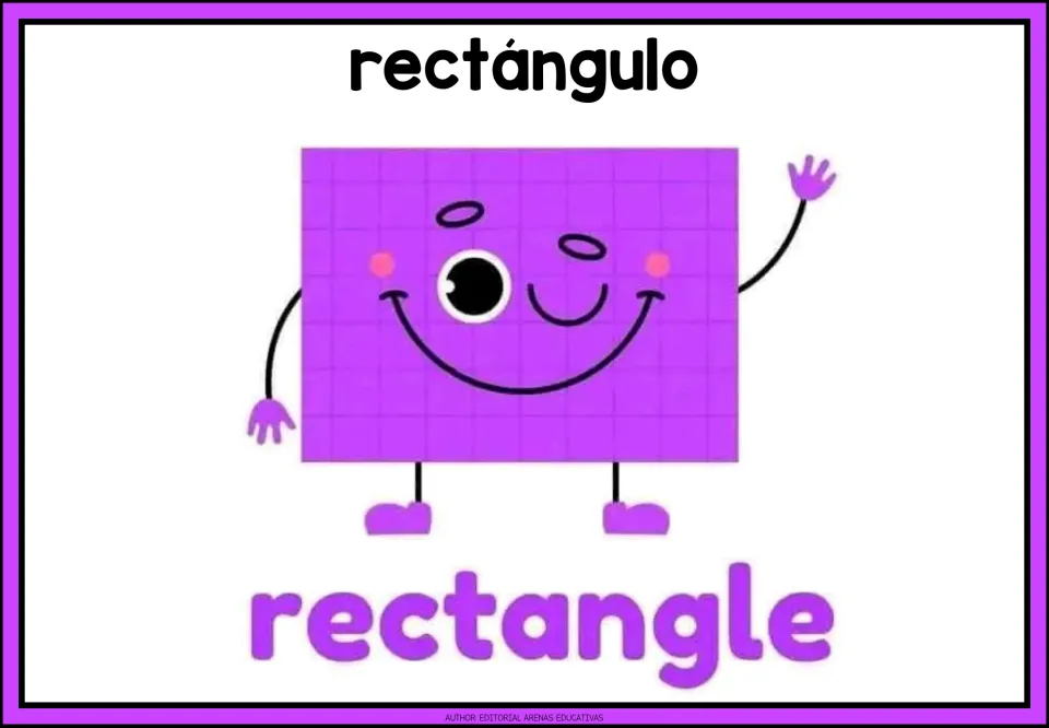Bilingual shape poster: a winking purple four-sided character waving one hand, labeled rectangle with a Spanish heading