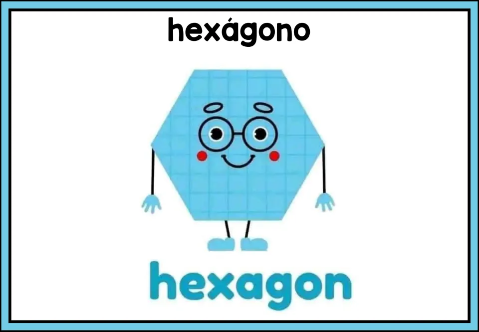 Six-sided shape poster: a light blue character in round glasses, labeled hexagon under the Spanish heading hexágono