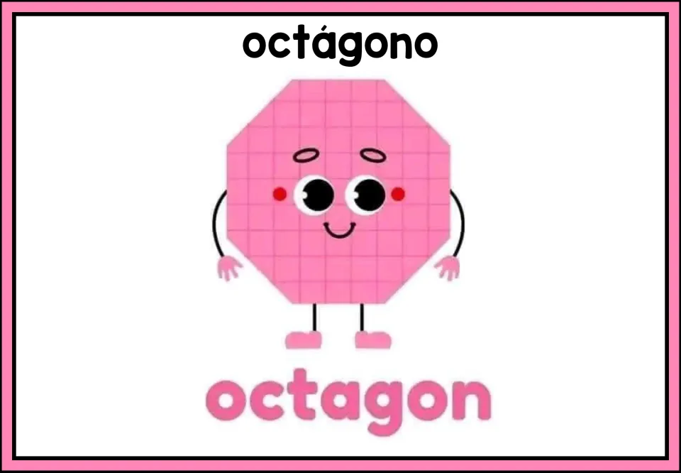 Eight-sided shape poster: a pink character with a small smile and big eyes, labeled octagon with Spanish heading octágono