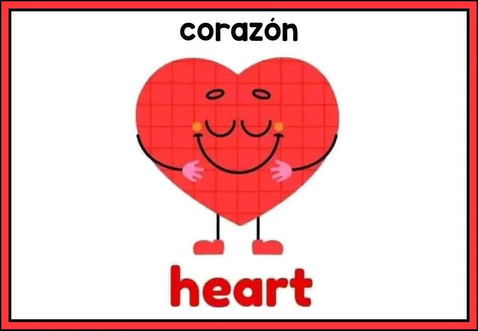 Bilingual poster of a red heart-shaped character hugging itself with eyes closed, headed corazón in Spanish