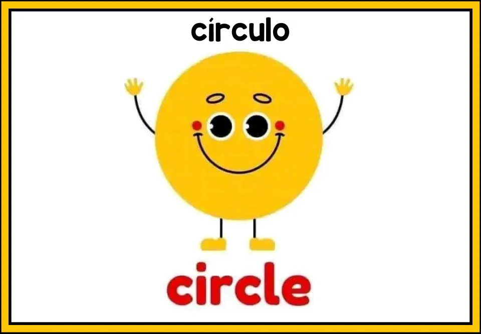 Round yellow character with both arms raised and a wide grin, labeled circle in English and círculo in Spanish