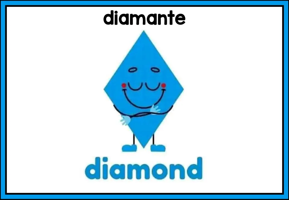 Diamond poster: a blue rhombus character with crossed arms and closed eyes, with the Spanish heading diamante