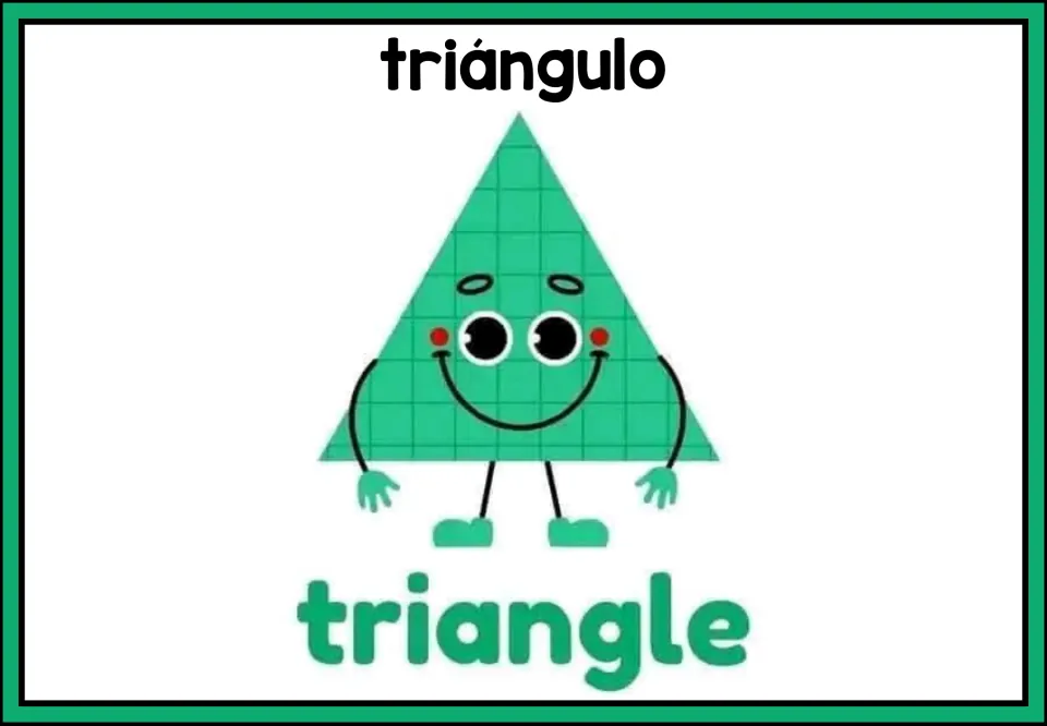 Three-sided shape poster: a smiling green character with big eyes, labeled triangle and headed triángulo in Spanish