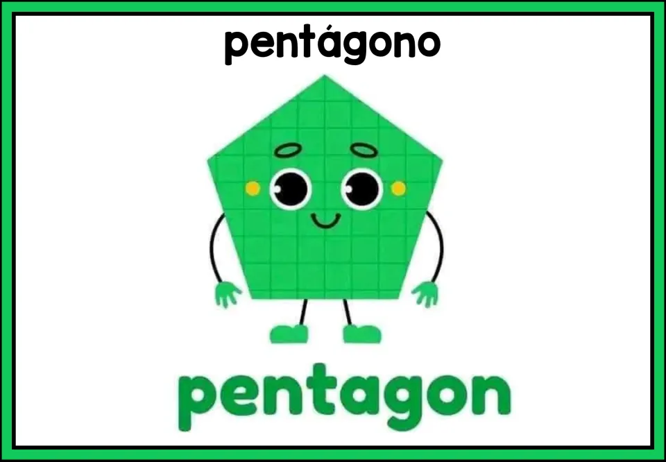 Five-sided shape poster: a green character with wide eyes and yellow cheeks, labeled pentagon, Spanish heading pentágono