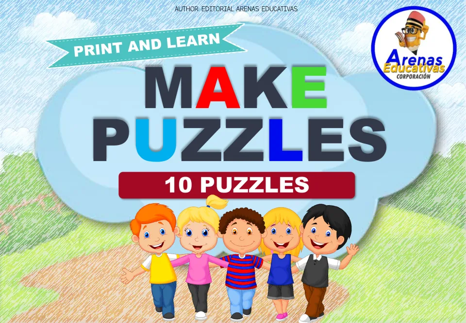Make Puzzles cover: 10 printable picture puzzles, shown with five smiling cartoon children walking on a path