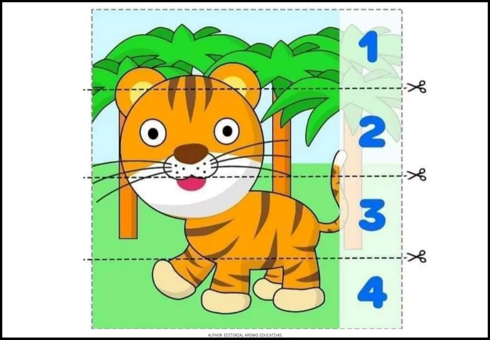 Tiger among palm trees puzzle: children cut the picture into 4 numbered strips and glue them back in 1 to 4 order