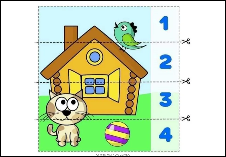 House, cat, bird and striped ball puzzle: children cut the scene into 4 numbered strips and put them back in sequence
