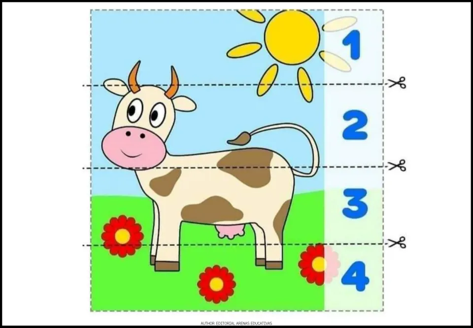 Cow in a flower meadow puzzle: students snip along the scissor lines and order the 4 strips by number to rebuild it